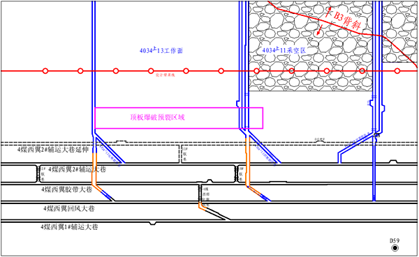 圖1  4034上13工作面大巷保護煤柱頂板爆破預裂區(qū)域平面位置圖_副本.png